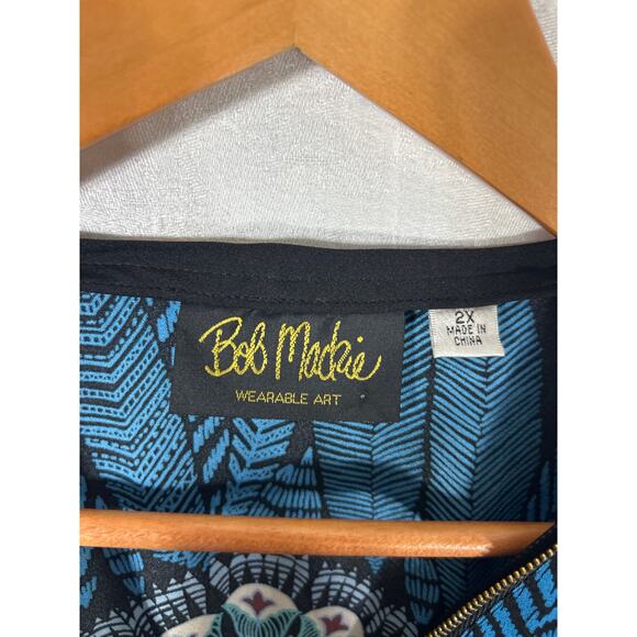 Bob Mackie Top 2X Black Blue Purple Feather Print 1/2 Zip Satin Tribal Peacock - Picture 6 of 10